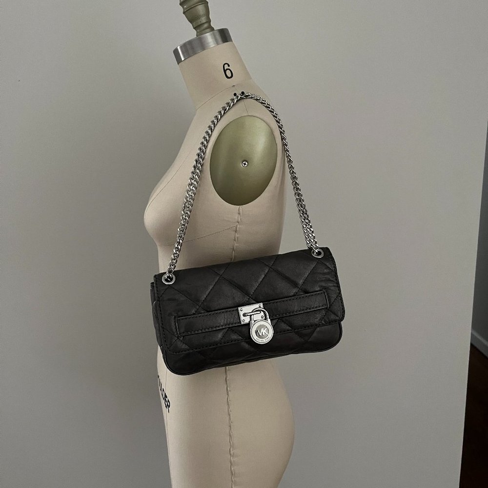 Michael Kors Hamilton Clutch Quilt Flap Shoulder Gray Metallic Edgy Luxe Glam